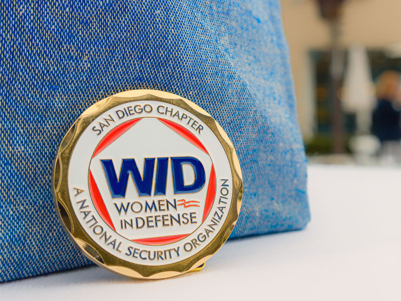 Women in Defense badge on denim pillow